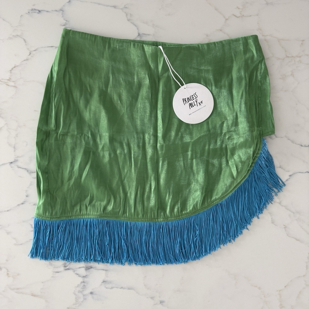 NWT Princess Polly Jupiter Fringe Wrap Mini Skirt Womens 12 Satin Green Dopamine - Picture 2 of 13